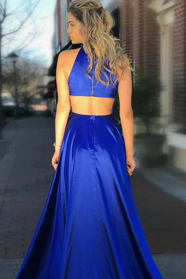 Vestido de fiesta azul rey de satén con escote redondo y corte en A con bolsillos abiertos
